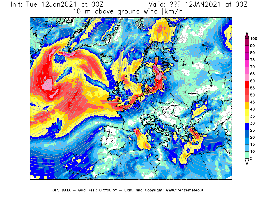 Mappa di analisi GFS - Velocità del vento a 10 metri dal suolo [km/h] in Europa
									del 12/01/2021 00 <!--googleoff: index-->UTC<!--googleon: index-->
