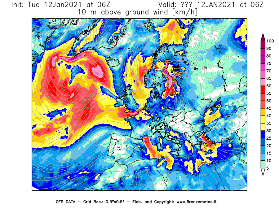 Mappa di analisi GFS - Velocità del vento a 10 metri dal suolo [km/h] in Europa
									del 12/01/2021 06 <!--googleoff: index-->UTC<!--googleon: index-->