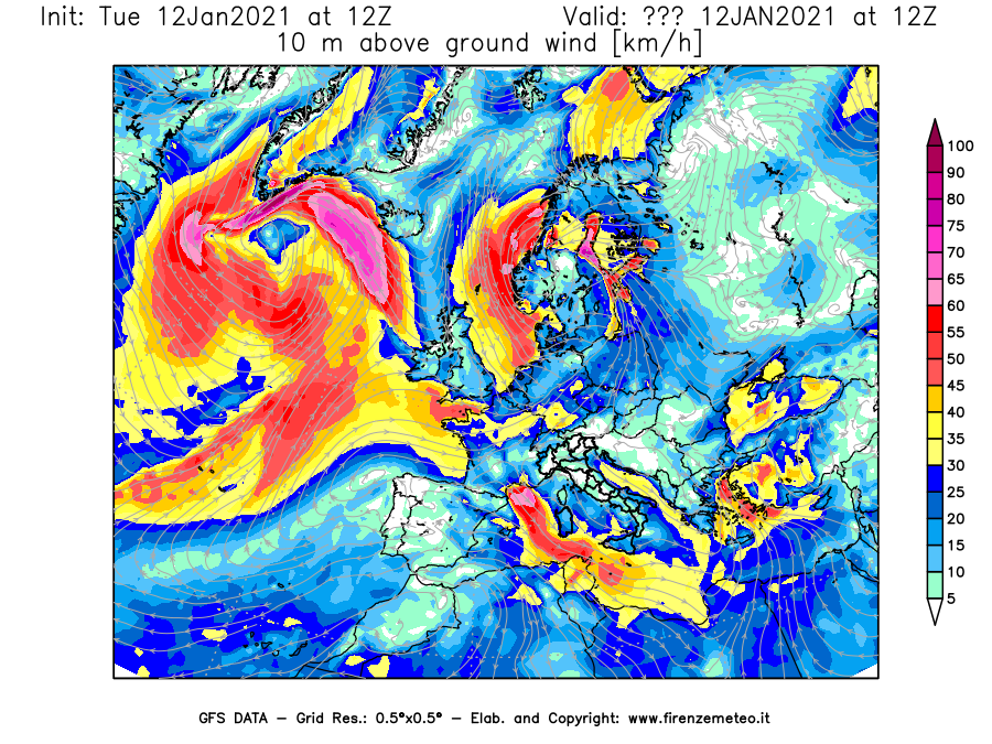 Mappa di analisi GFS - Velocità del vento a 10 metri dal suolo [km/h] in Europa
							del 12/01/2021 12 <!--googleoff: index-->UTC<!--googleon: index-->