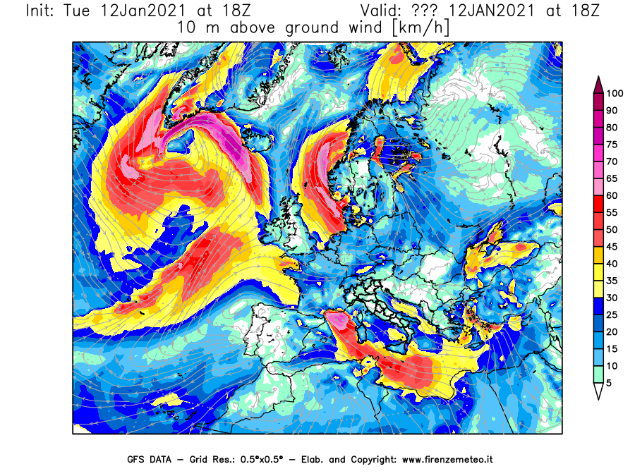 Mappa di analisi GFS - Velocità del vento a 10 metri dal suolo [km/h] in Europa
									del 12/01/2021 18 <!--googleoff: index-->UTC<!--googleon: index-->