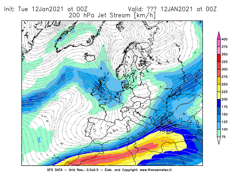 Mappa di analisi GFS - Jet Stream a 200 hPa in Europa
									del 12/01/2021 00 <!--googleoff: index-->UTC<!--googleon: index-->