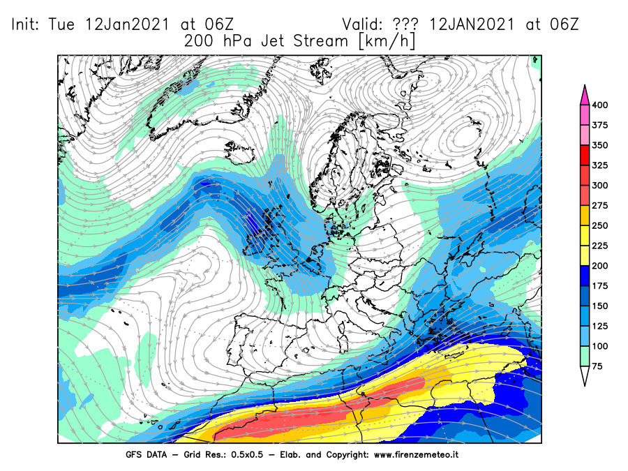 Mappa di analisi GFS - Jet Stream a 200 hPa in Europa
							del 12/01/2021 06 <!--googleoff: index-->UTC<!--googleon: index-->