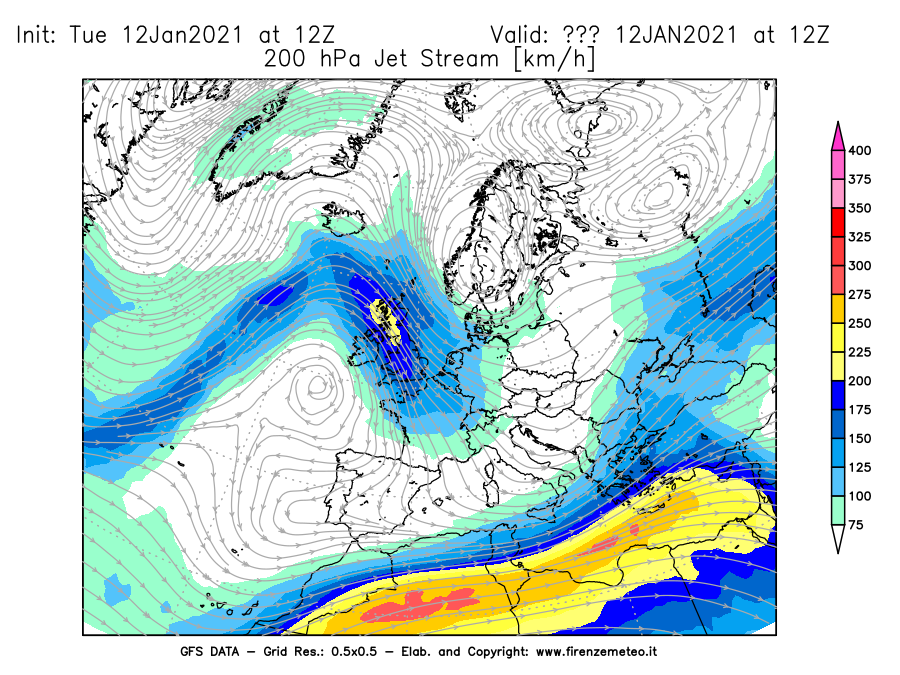 Mappa di analisi GFS - Jet Stream a 200 hPa in Europa
									del 12/01/2021 12 <!--googleoff: index-->UTC<!--googleon: index-->