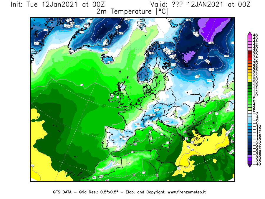Mappa di analisi GFS - Temperatura a 2 metri dal suolo [°C] in Europa
							del 12/01/2021 00 <!--googleoff: index-->UTC<!--googleon: index-->