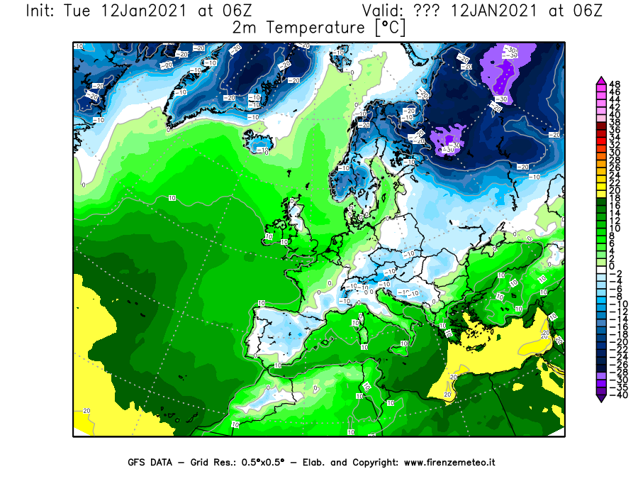 Mappa di analisi GFS - Temperatura a 2 metri dal suolo [°C] in Europa
									del 12/01/2021 06 <!--googleoff: index-->UTC<!--googleon: index-->