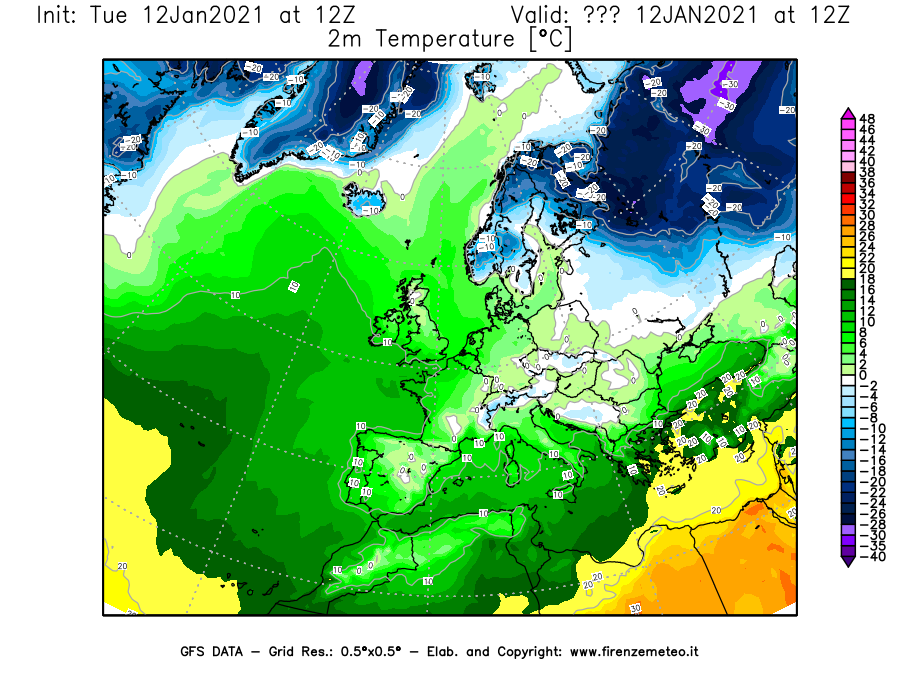 Mappa di analisi GFS - Temperatura a 2 metri dal suolo [°C] in Europa
									del 12/01/2021 12 <!--googleoff: index-->UTC<!--googleon: index-->