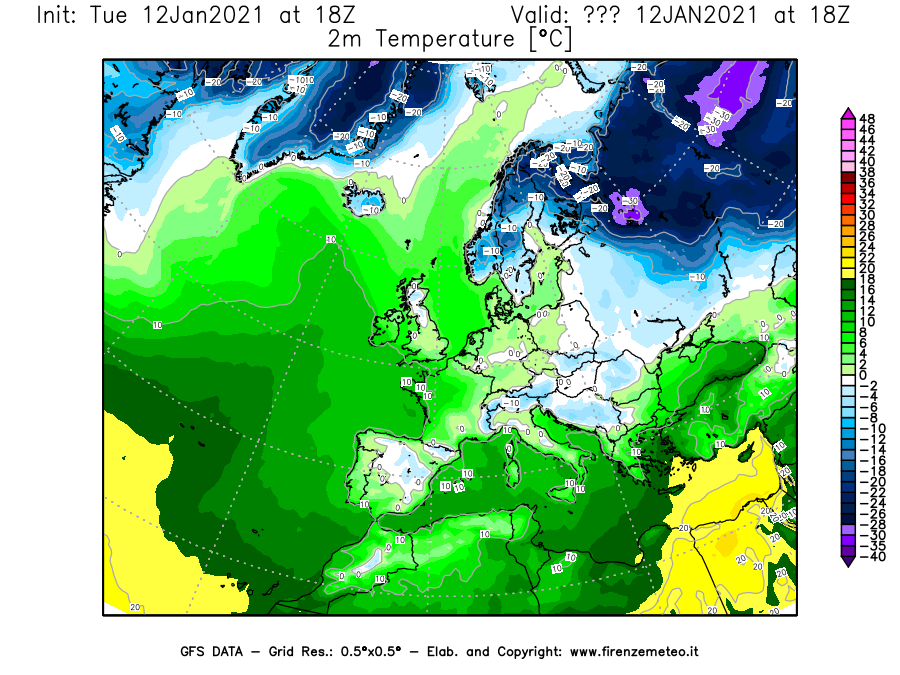 Mappa di analisi GFS - Temperatura a 2 metri dal suolo [°C] in Europa
									del 12/01/2021 18 <!--googleoff: index-->UTC<!--googleon: index-->
