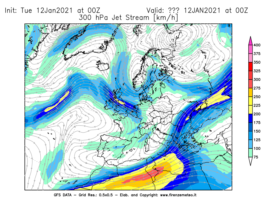 Mappa di analisi GFS - Jet Stream a 300 hPa in Europa
							del 12/01/2021 00 <!--googleoff: index-->UTC<!--googleon: index-->
