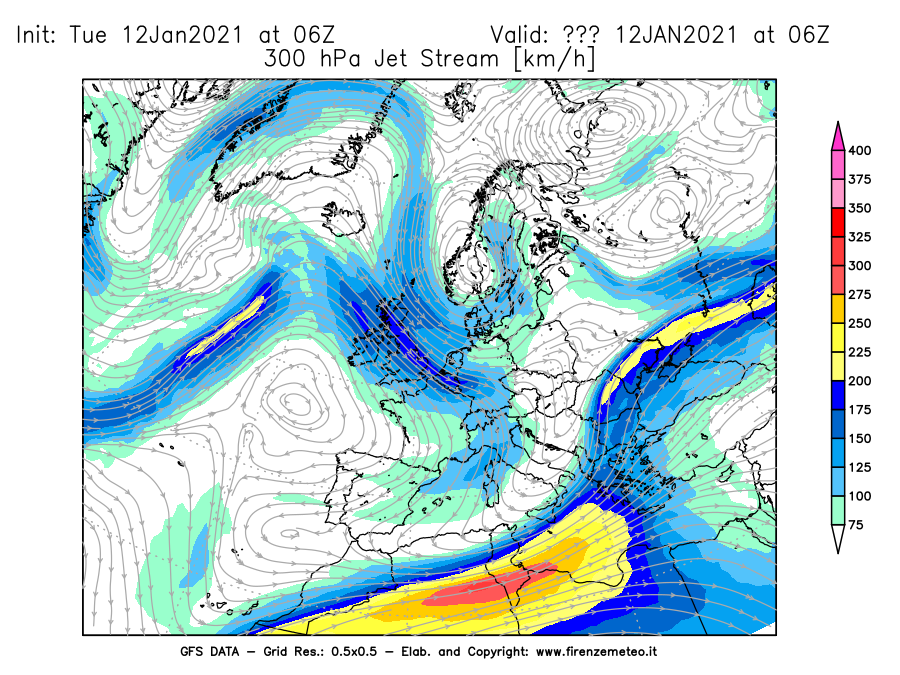 Mappa di analisi GFS - Jet Stream a 300 hPa in Europa
									del 12/01/2021 06 <!--googleoff: index-->UTC<!--googleon: index-->