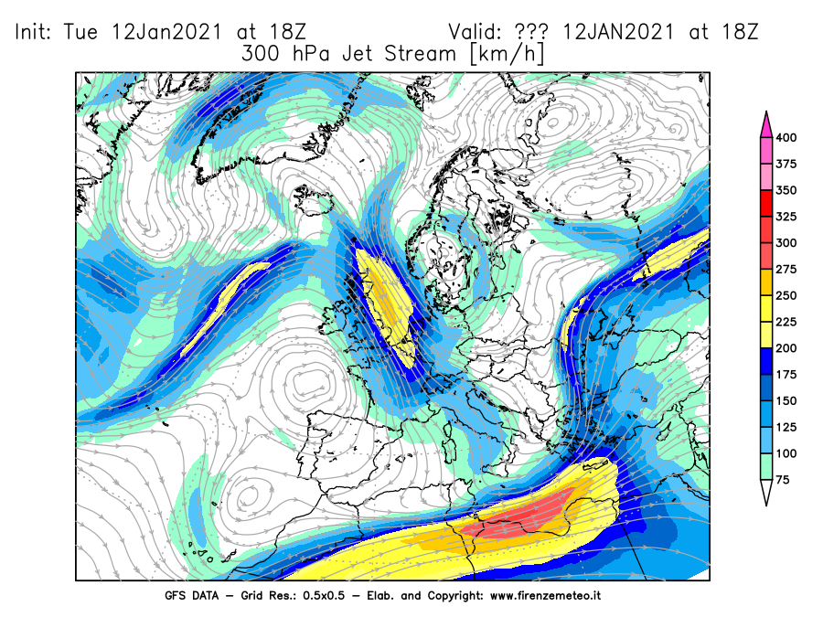 Mappa di analisi GFS - Jet Stream a 300 hPa in Europa
							del 12/01/2021 18 <!--googleoff: index-->UTC<!--googleon: index-->
