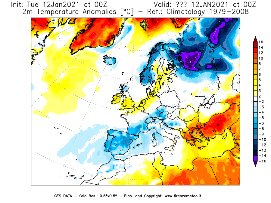 Mappa di analisi GFS - Anomalia Temperatura [°C] a 2 m in Europa
									del 12/01/2021 00 <!--googleoff: index-->UTC<!--googleon: index-->