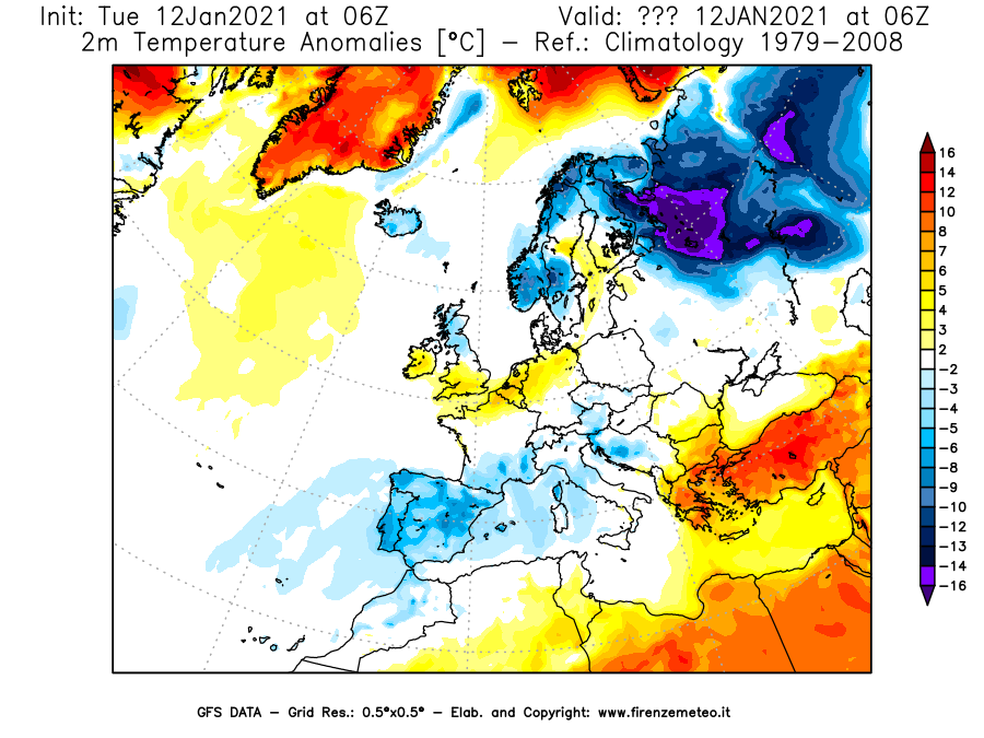 Mappa di analisi GFS - Anomalia Temperatura [°C] a 2 m in Europa
									del 12/01/2021 06 <!--googleoff: index-->UTC<!--googleon: index-->