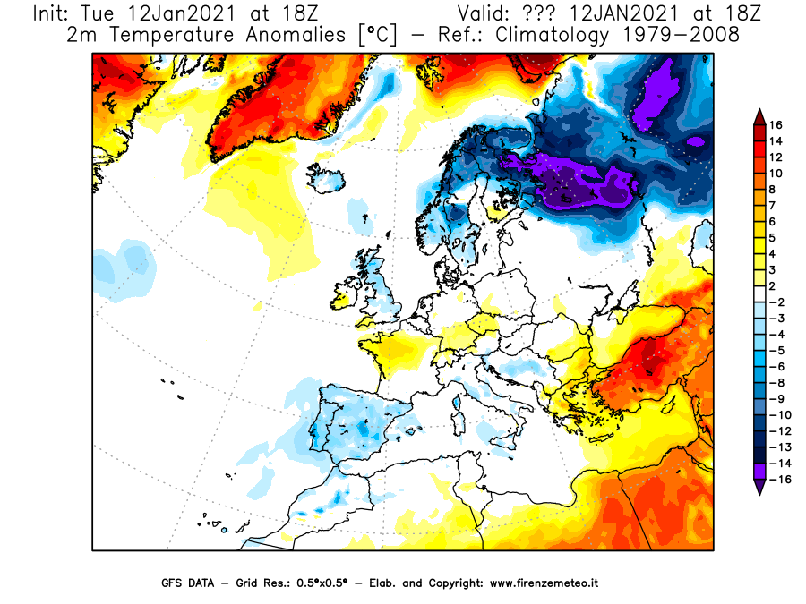 Mappa di analisi GFS - Anomalia Temperatura [°C] a 2 m in Europa
							del 12/01/2021 18 <!--googleoff: index-->UTC<!--googleon: index-->