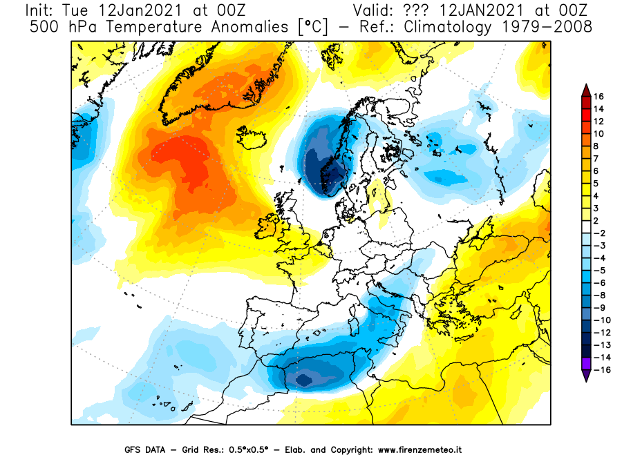 Mappa di analisi GFS - Anomalia Temperatura [°C] a 500 hPa in Europa
									del 12/01/2021 00 <!--googleoff: index-->UTC<!--googleon: index-->