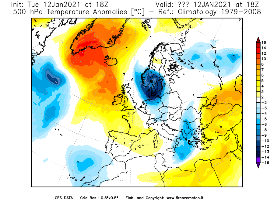 Mappa di analisi GFS - Anomalia Temperatura [°C] a 500 hPa in Europa
							del 12/01/2021 18 <!--googleoff: index-->UTC<!--googleon: index-->