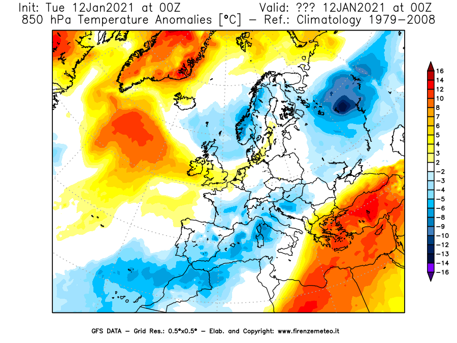 Mappa di analisi GFS - Anomalia Temperatura [°C] a 850 hPa in Europa
							del 12/01/2021 00 <!--googleoff: index-->UTC<!--googleon: index-->