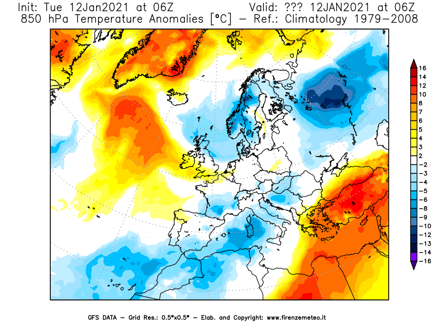 Mappa di analisi GFS - Anomalia Temperatura [°C] a 850 hPa in Europa
									del 12/01/2021 06 <!--googleoff: index-->UTC<!--googleon: index-->