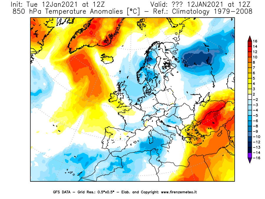 Mappa di analisi GFS - Anomalia Temperatura [°C] a 850 hPa in Europa
							del 12/01/2021 12 <!--googleoff: index-->UTC<!--googleon: index-->