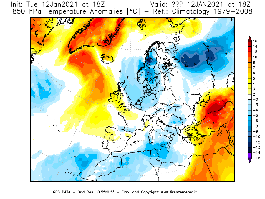 Mappa di analisi GFS - Anomalia Temperatura [°C] a 850 hPa in Europa
									del 12/01/2021 18 <!--googleoff: index-->UTC<!--googleon: index-->