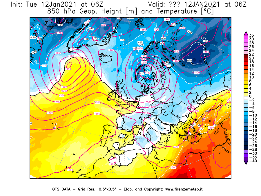 Mappa di analisi GFS - Geopotenziale [m] e Temperatura [°C] a 850 hPa in Europa
							del 12/01/2021 06 <!--googleoff: index-->UTC<!--googleon: index-->