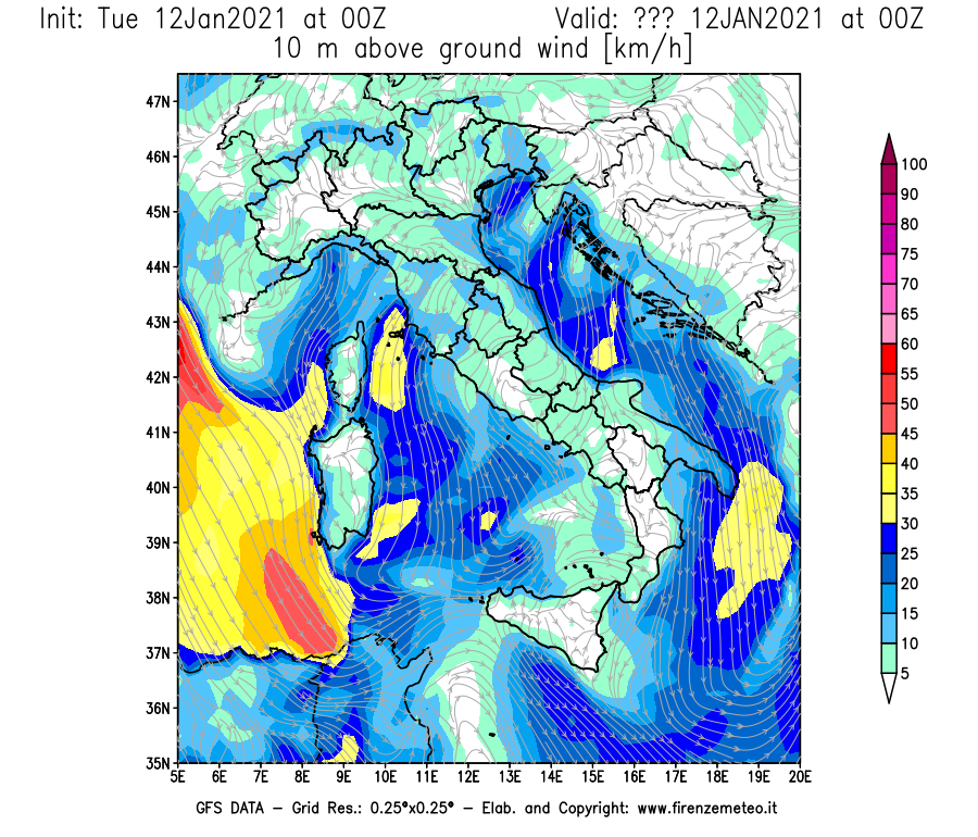 Mappa di analisi GFS - Velocità del vento a 10 metri dal suolo [km/h] in Italia
									del 12/01/2021 00 <!--googleoff: index-->UTC<!--googleon: index-->