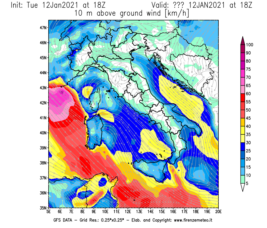 Mappa di analisi GFS - Velocità del vento a 10 metri dal suolo [km/h] in Italia
							del 12/01/2021 18 <!--googleoff: index-->UTC<!--googleon: index-->