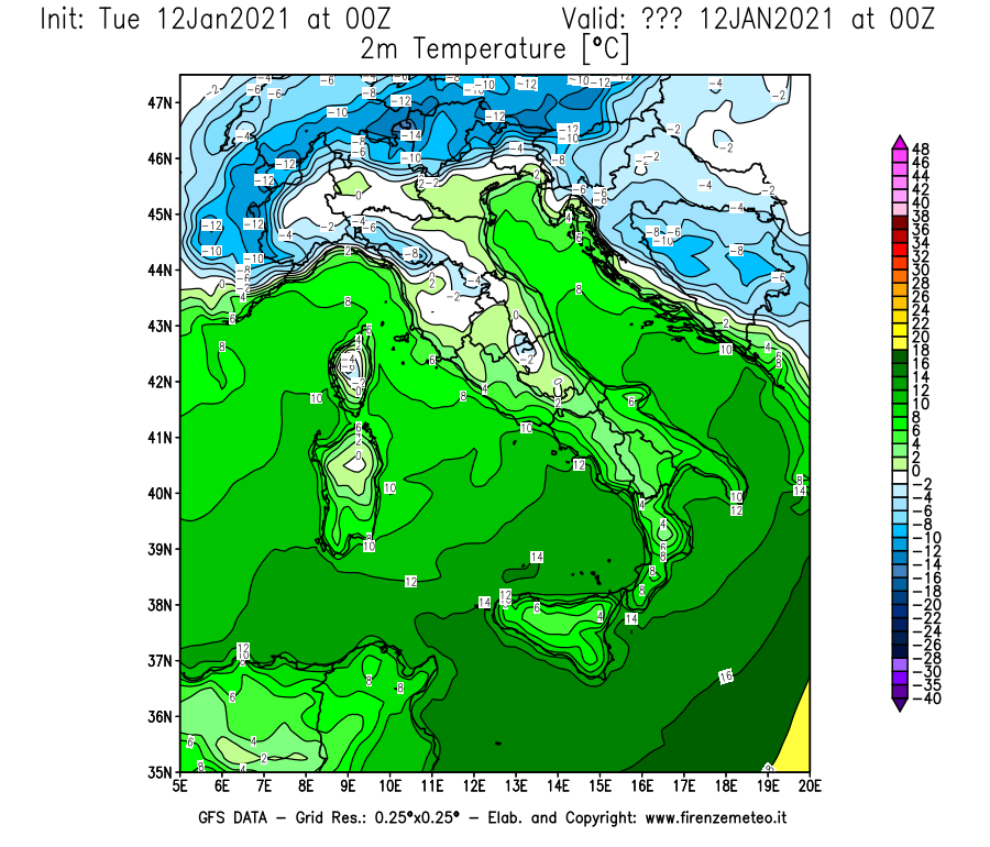 Mappa di analisi GFS - Temperatura a 2 metri dal suolo [°C] in Italia
									del 12/01/2021 00 <!--googleoff: index-->UTC<!--googleon: index-->