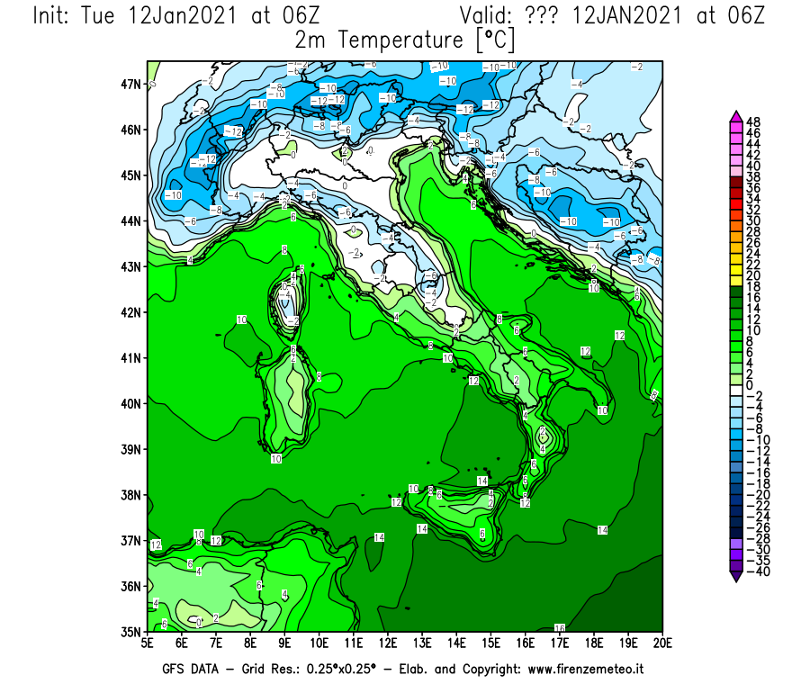 Mappa di analisi GFS - Temperatura a 2 metri dal suolo [°C] in Italia
									del 12/01/2021 06 <!--googleoff: index-->UTC<!--googleon: index-->