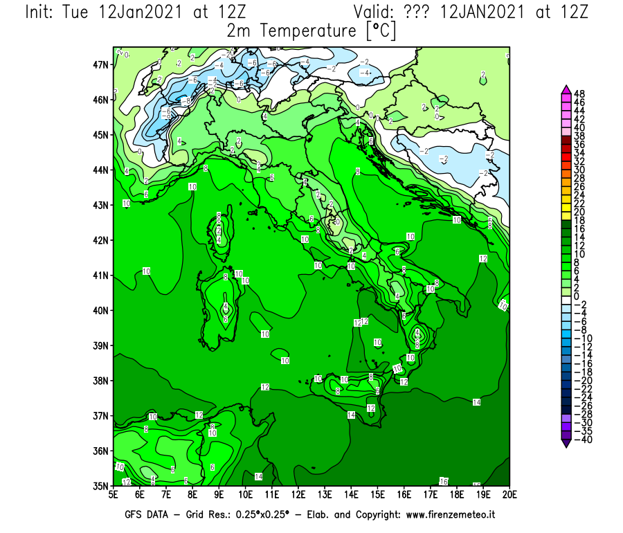 Mappa di analisi GFS - Temperatura a 2 metri dal suolo [°C] in Italia
									del 12/01/2021 12 <!--googleoff: index-->UTC<!--googleon: index-->
