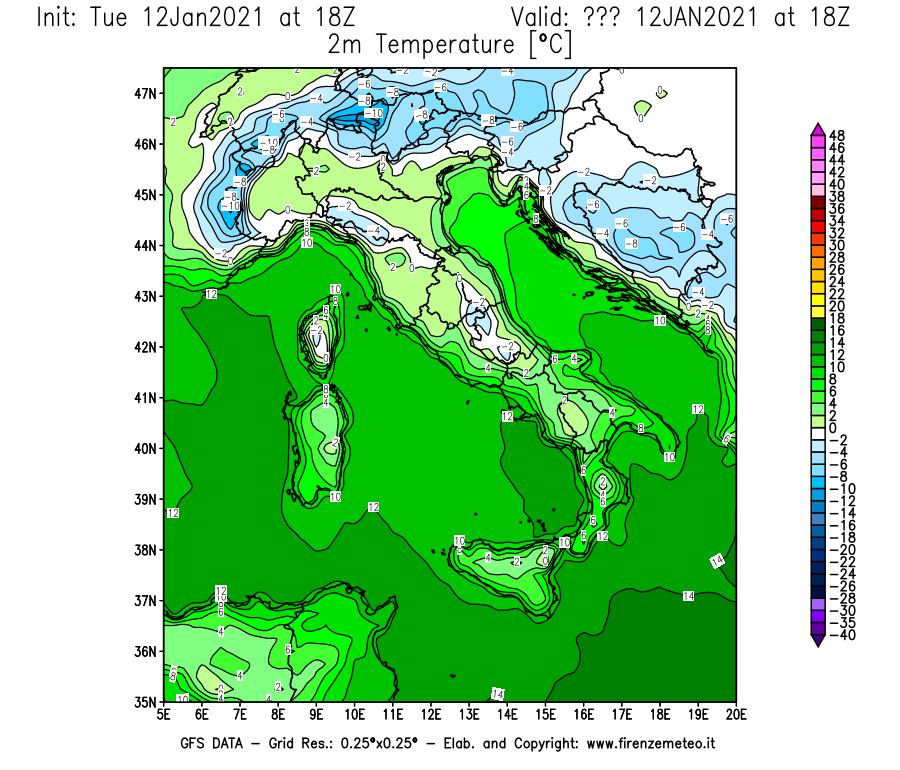 Mappa di analisi GFS - Temperatura a 2 metri dal suolo [°C] in Italia
							del 12/01/2021 18 <!--googleoff: index-->UTC<!--googleon: index-->