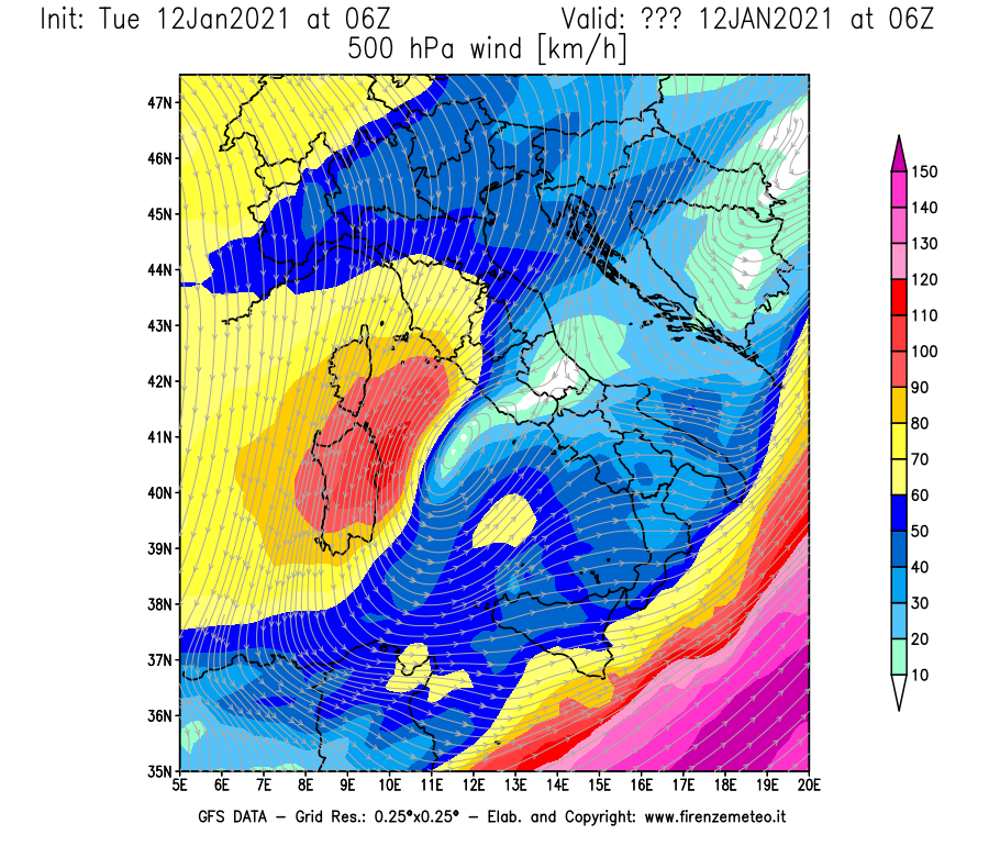 Mappa di analisi GFS - Velocità del vento a 500 hPa [km/h] in Italia
									del 12/01/2021 06 <!--googleoff: index-->UTC<!--googleon: index-->