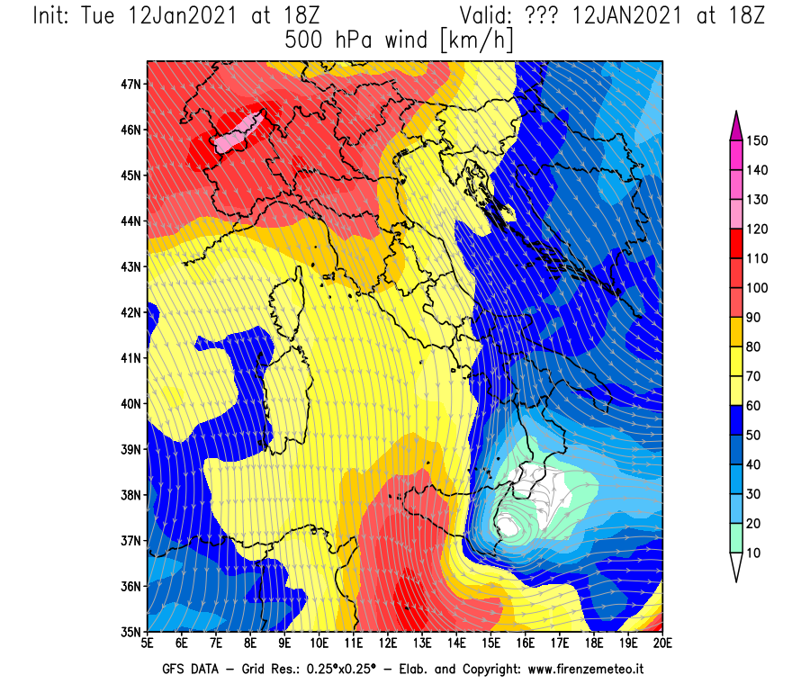 Mappa di analisi GFS - Velocità del vento a 500 hPa [km/h] in Italia
							del 12/01/2021 18 <!--googleoff: index-->UTC<!--googleon: index-->