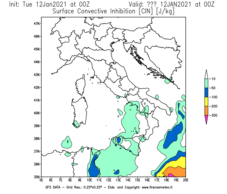 Mappa di analisi GFS - CIN [J/kg] in Italia
									del 12/01/2021 00 <!--googleoff: index-->UTC<!--googleon: index-->