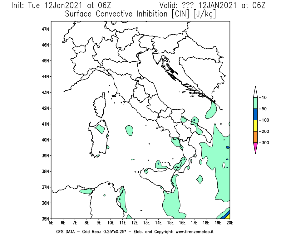 Mappa di analisi GFS - CIN [J/kg] in Italia
							del 12/01/2021 06 <!--googleoff: index-->UTC<!--googleon: index-->