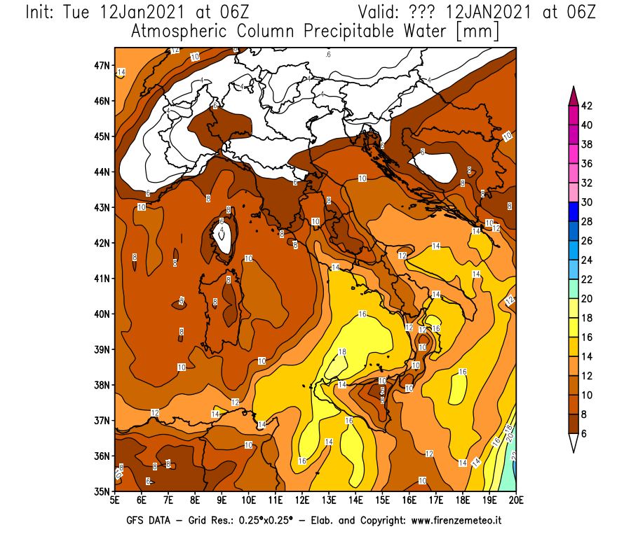 Mappa di analisi GFS - Precipitable Water [mm] in Italia
									del 12/01/2021 06 <!--googleoff: index-->UTC<!--googleon: index-->