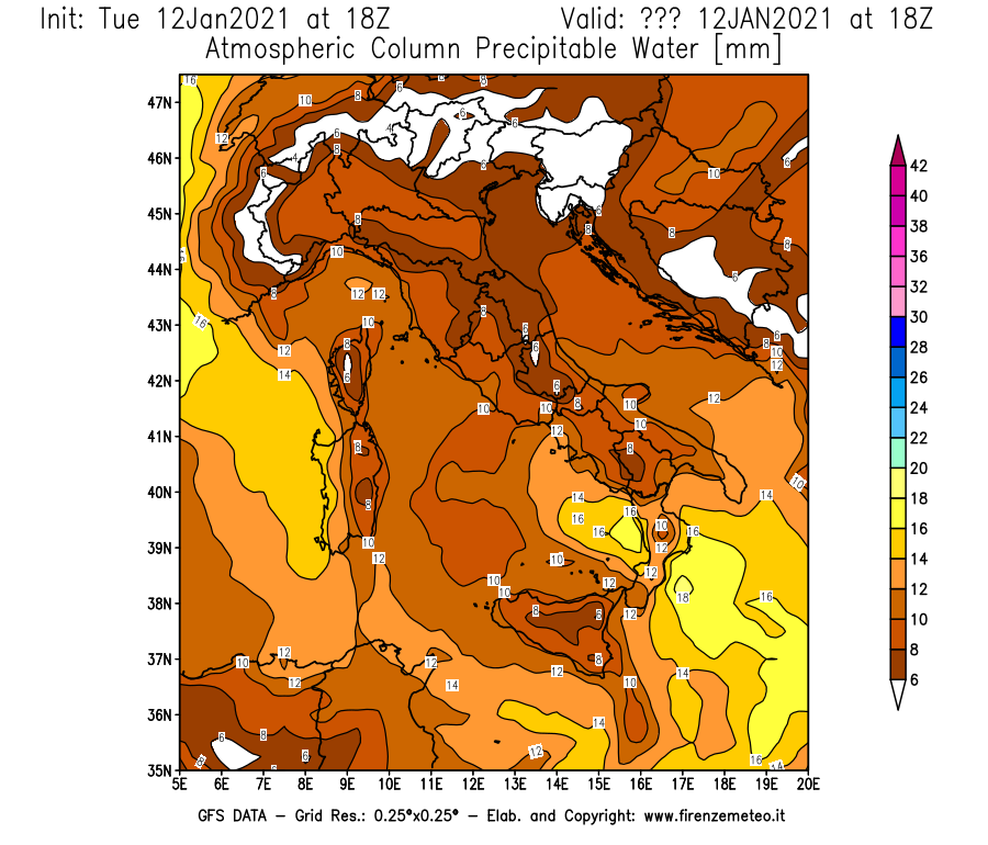 Mappa di analisi GFS - Precipitable Water [mm] in Italia
									del 12/01/2021 18 <!--googleoff: index-->UTC<!--googleon: index-->