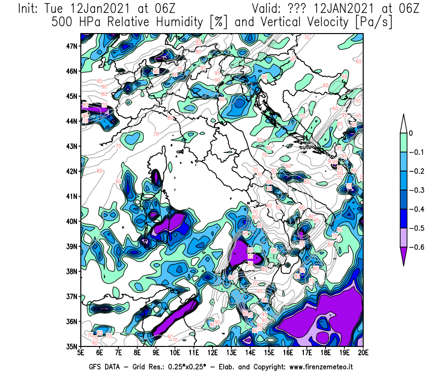 Mappa di analisi GFS - Umidità relativa [%] e Omega [Pa/s] a 500 hPa in Italia
									del 12/01/2021 06 <!--googleoff: index-->UTC<!--googleon: index-->
