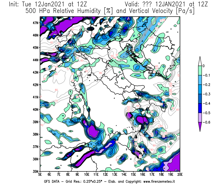 Mappa di analisi GFS - Umidità relativa [%] e Omega [Pa/s] a 500 hPa in Italia
									del 12/01/2021 12 <!--googleoff: index-->UTC<!--googleon: index-->