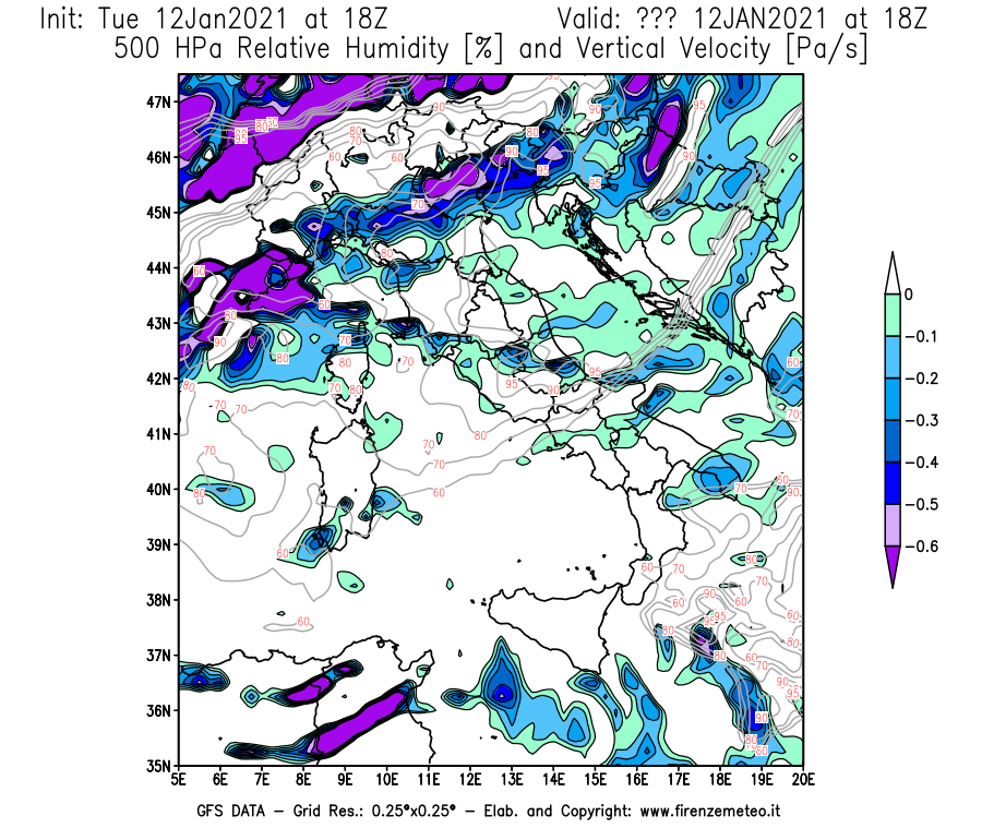Mappa di analisi GFS - Umidità relativa [%] e Omega [Pa/s] a 500 hPa in Italia
									del 12/01/2021 18 <!--googleoff: index-->UTC<!--googleon: index-->