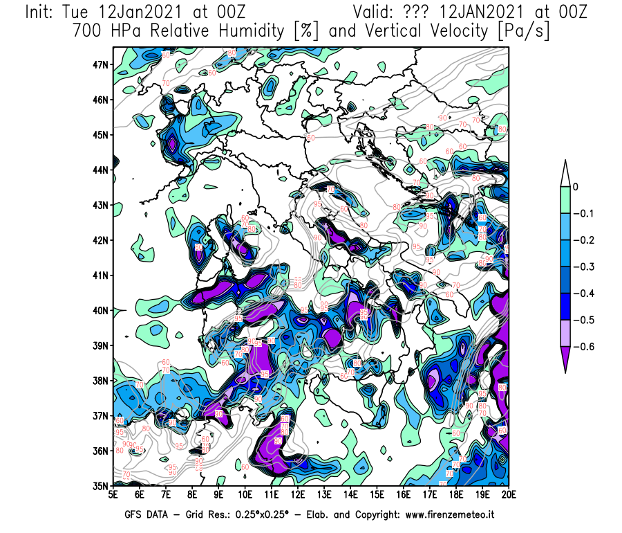 Mappa di analisi GFS - Umidità relativa [%] e Omega [Pa/s] a 700 hPa in Italia
							del 12/01/2021 00 <!--googleoff: index-->UTC<!--googleon: index-->