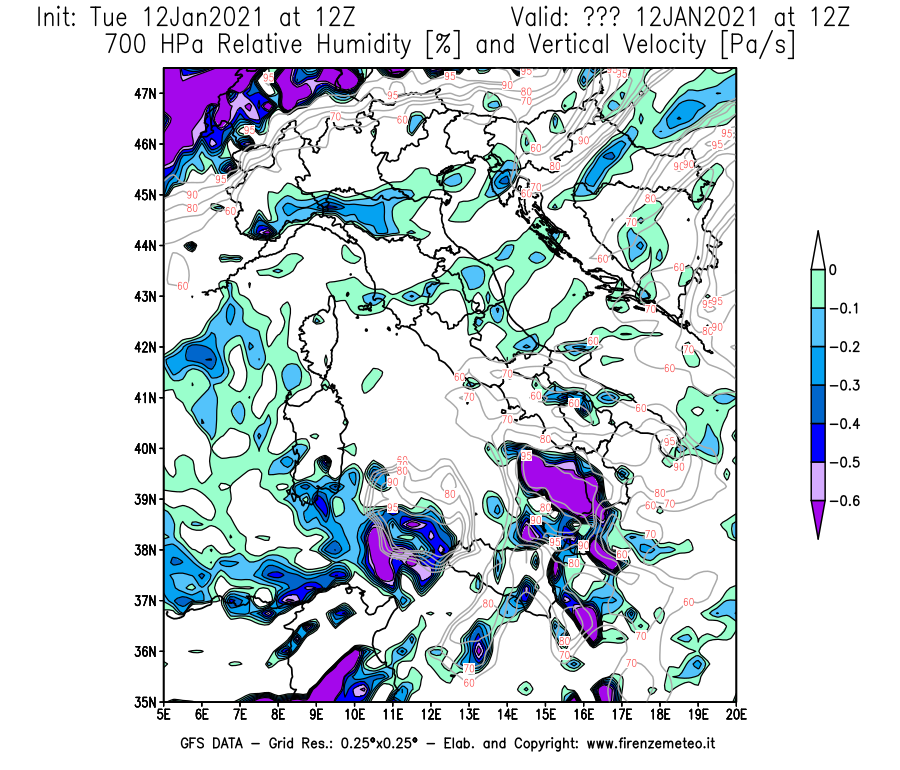 Mappa di analisi GFS - Umidità relativa [%] e Omega [Pa/s] a 700 hPa in Italia
									del 12/01/2021 12 <!--googleoff: index-->UTC<!--googleon: index-->