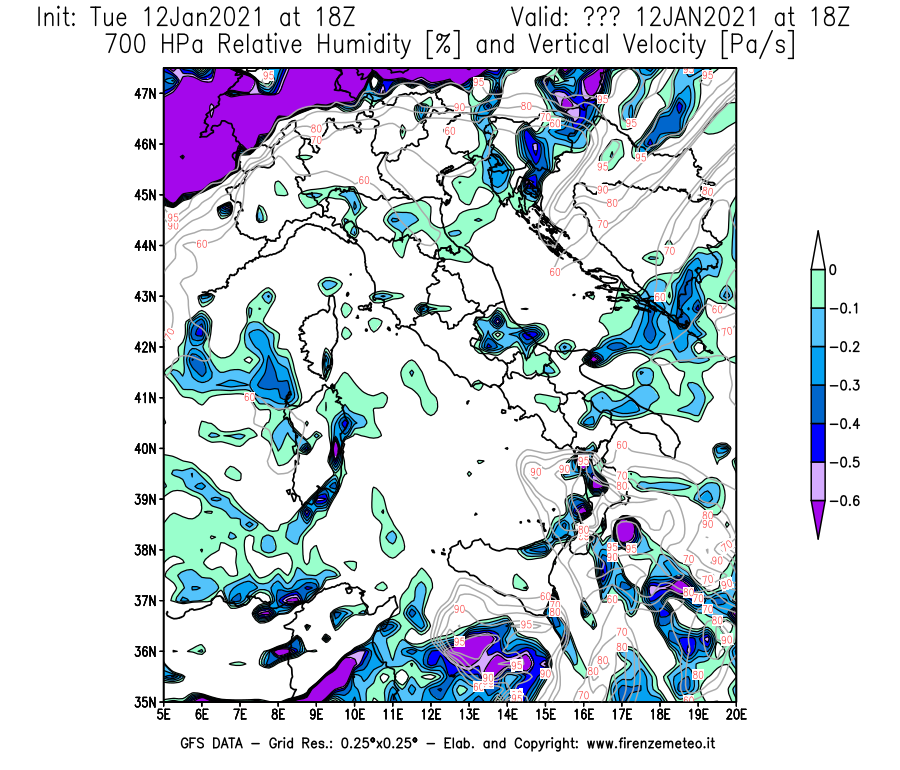 Mappa di analisi GFS - Umidità relativa [%] e Omega [Pa/s] a 700 hPa in Italia
									del 12/01/2021 18 <!--googleoff: index-->UTC<!--googleon: index-->