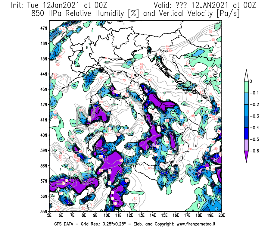Mappa di analisi GFS - Umidità relativa [%] e Omega [Pa/s] a 850 hPa in Italia
							del 12/01/2021 00 <!--googleoff: index-->UTC<!--googleon: index-->