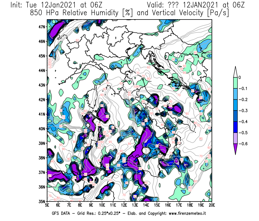 Mappa di analisi GFS - Umidità relativa [%] e Omega [Pa/s] a 850 hPa in Italia
							del 12/01/2021 06 <!--googleoff: index-->UTC<!--googleon: index-->
