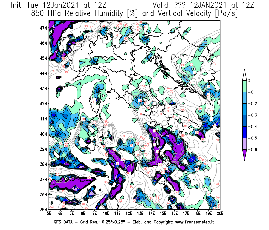 Mappa di analisi GFS - Umidità relativa [%] e Omega [Pa/s] a 850 hPa in Italia
									del 12/01/2021 12 <!--googleoff: index-->UTC<!--googleon: index-->