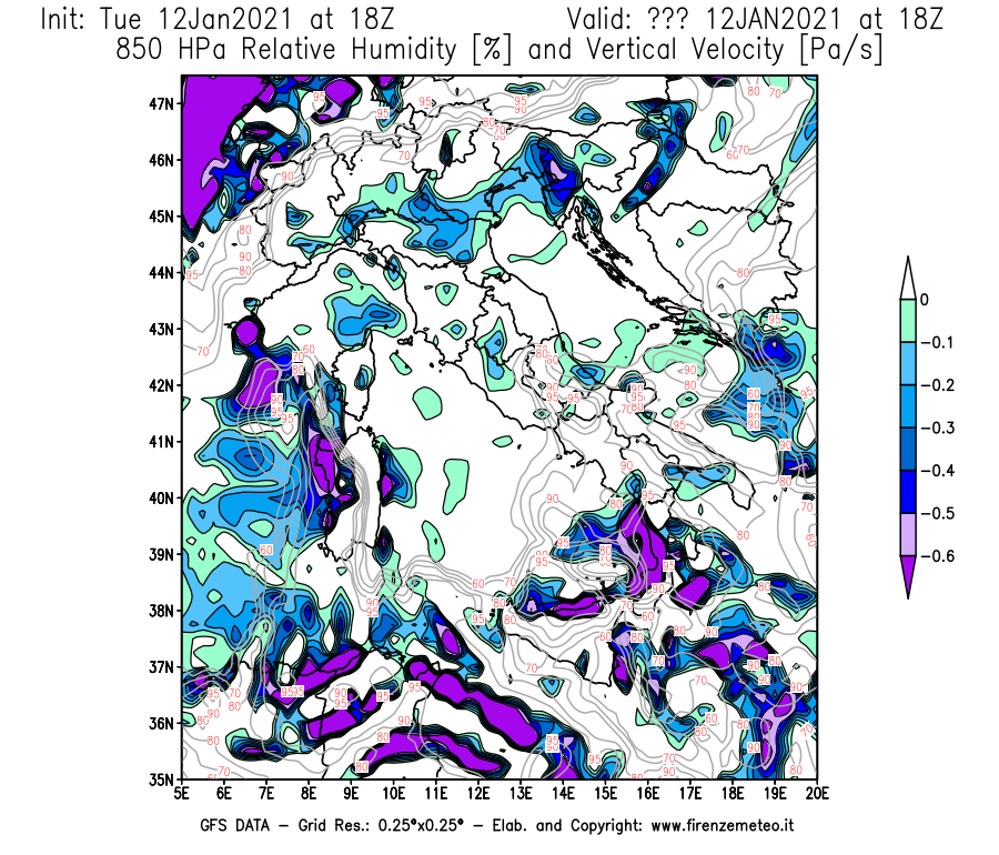 Mappa di analisi GFS - Umidità relativa [%] e Omega [Pa/s] a 850 hPa in Italia
									del 12/01/2021 18 <!--googleoff: index-->UTC<!--googleon: index-->