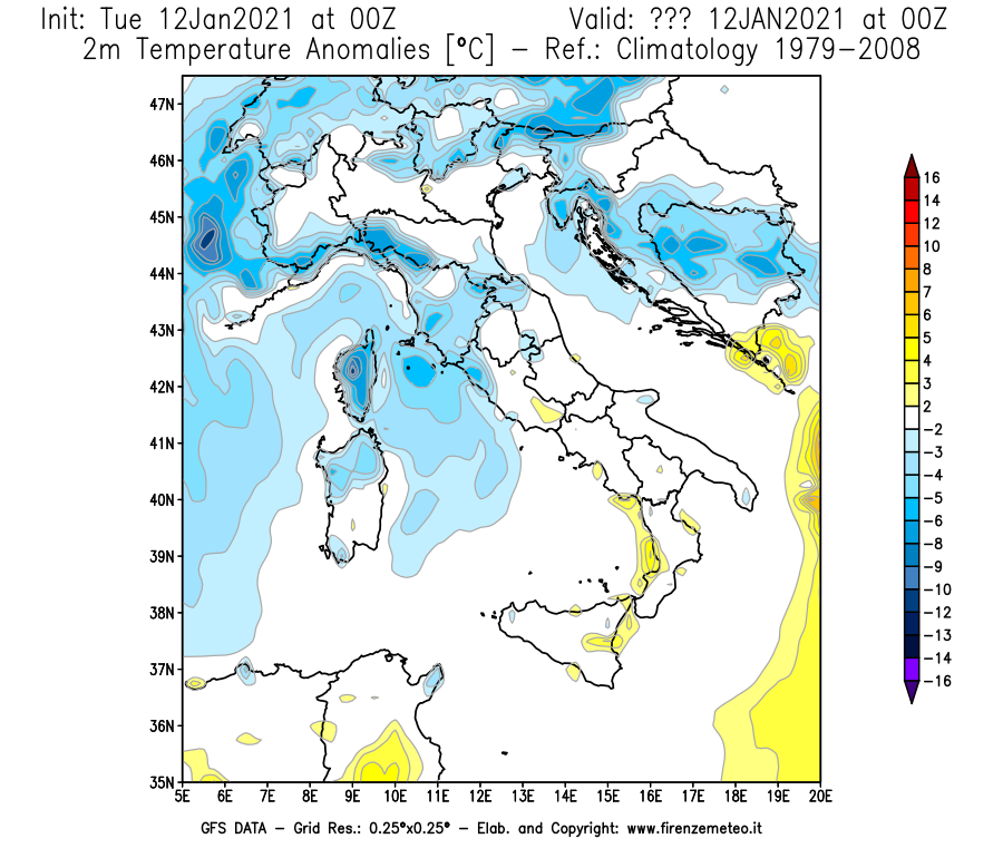 Mappa di analisi GFS - Anomalia Temperatura [°C] a 2 m in Italia
							del 12/01/2021 00 <!--googleoff: index-->UTC<!--googleon: index-->
