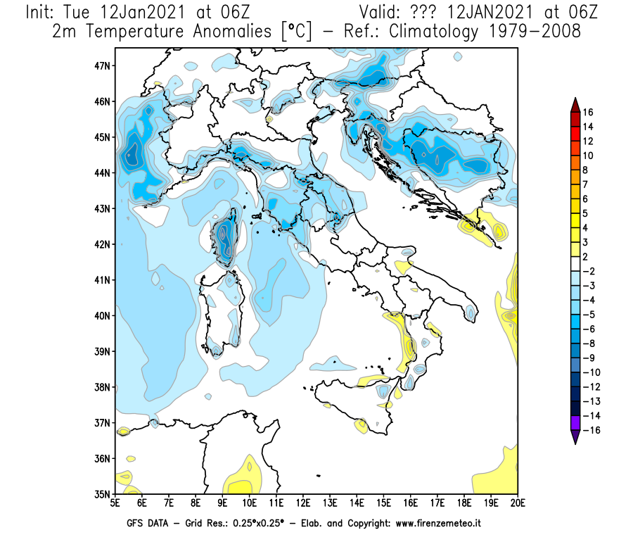 Mappa di analisi GFS - Anomalia Temperatura [°C] a 2 m in Italia
							del 12/01/2021 06 <!--googleoff: index-->UTC<!--googleon: index-->