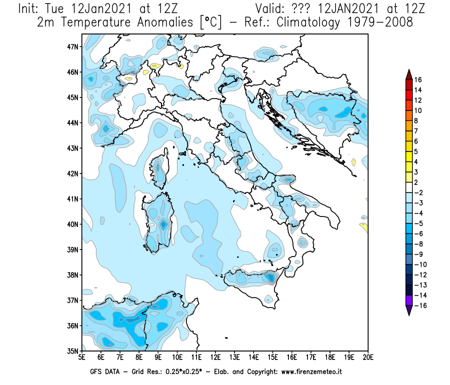 Mappa di analisi GFS - Anomalia Temperatura [°C] a 2 m in Italia
									del 12/01/2021 12 <!--googleoff: index-->UTC<!--googleon: index-->