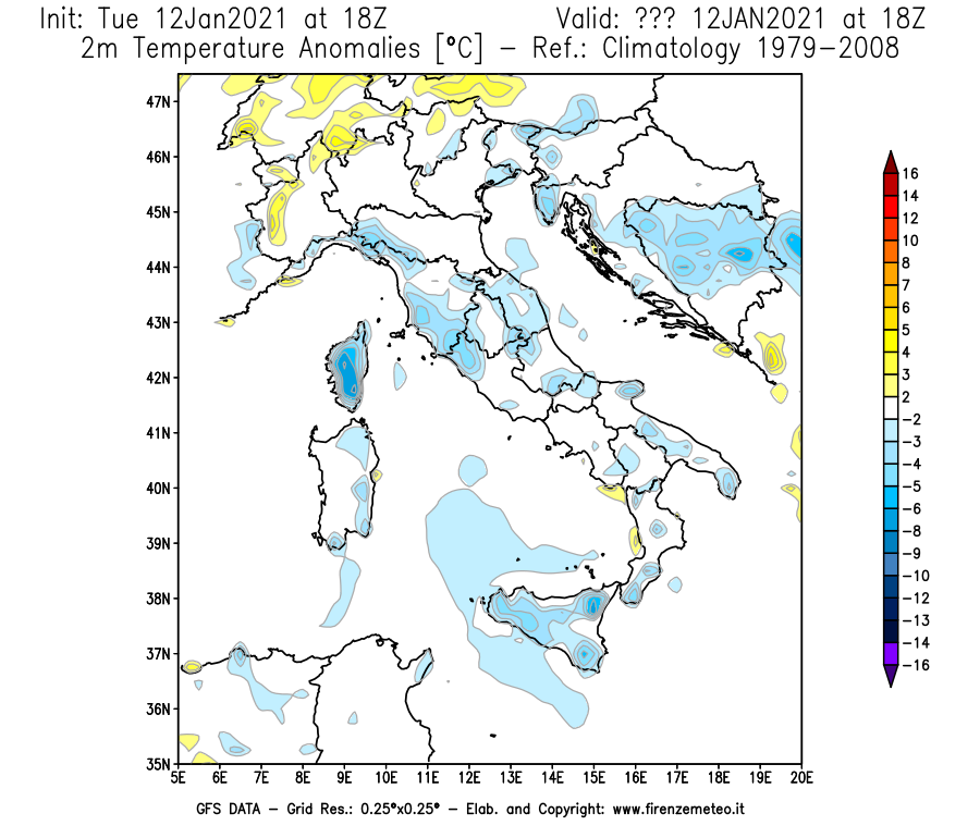 Mappa di analisi GFS - Anomalia Temperatura [°C] a 2 m in Italia
							del 12/01/2021 18 <!--googleoff: index-->UTC<!--googleon: index-->